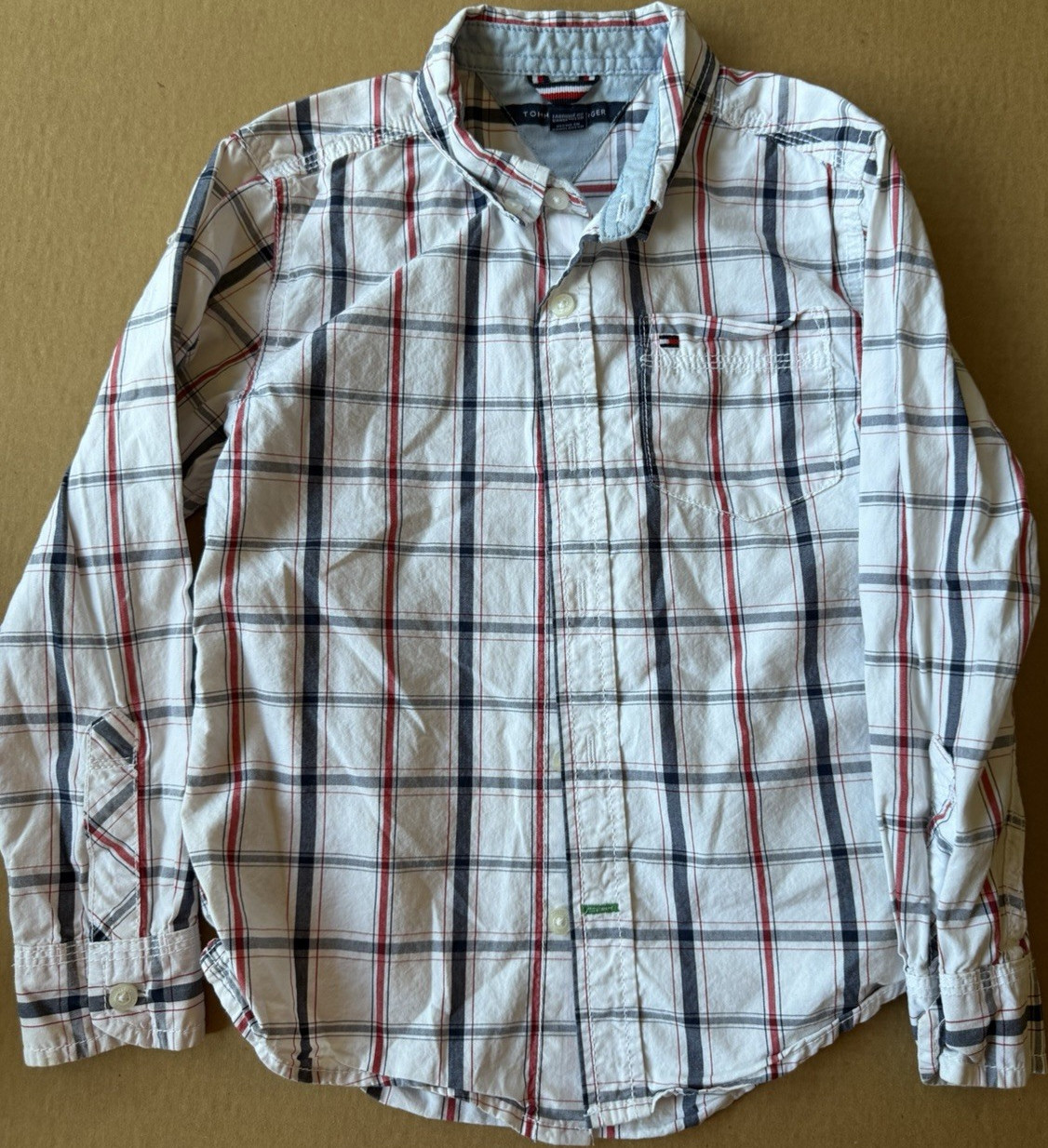 Tommy Hilfiger Plaid Button-Up Shirt Boys White Red Blue Long Sleeve Size 6