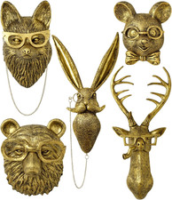 5 PCS Animals Head Wall Art Sculptures 17 Inchs Gold Office Vintage 3D Wall Deco