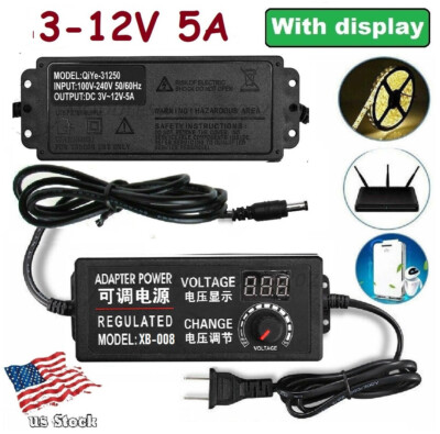 3-12V 5A 60W Universal Adjustable ACDC Adapter Replacement Power Supply with LED