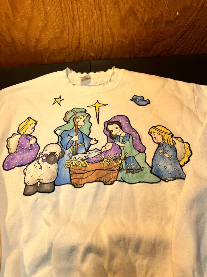 Sudadera Pullover Navidad Bordada Belén Blanco Grande Cuello Redondo Foto 2 de 4