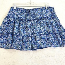 WILD FABLE Ruffled Mini Skirt Womens Large Blue Ditsy Floral Smocked Cottagecore