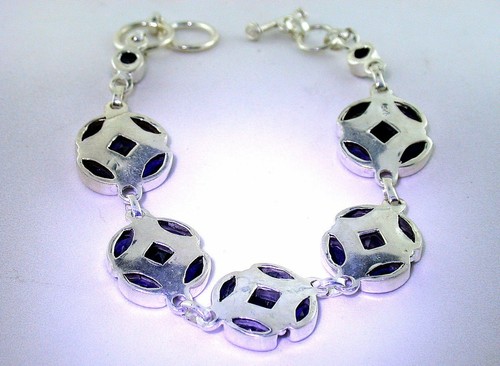 7 1/2 x 3/5 Inch Marquise Round Square Bright Iolite Gem Sterling Bracelet - Picture 4 of 4