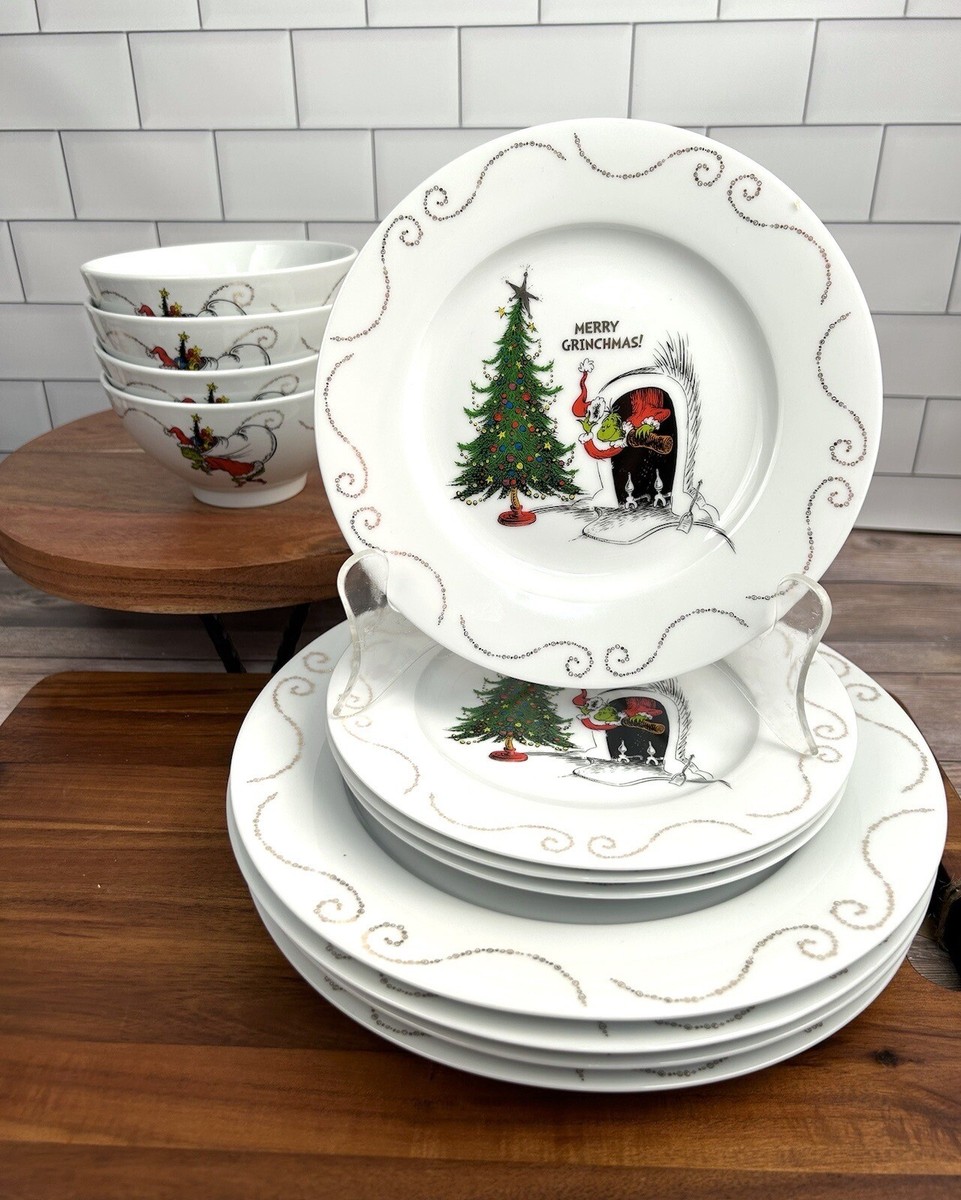 DR SEUSS THE GRINCH MERRY GRINCHMAS (4) DINNER PLATES & (4) SALAD