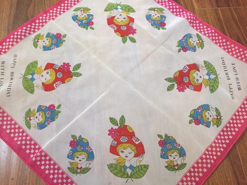 Vintage Happy Birthday with Love Winking Scandinavian Girls Pink & White Hanky - Picture 3 of 3