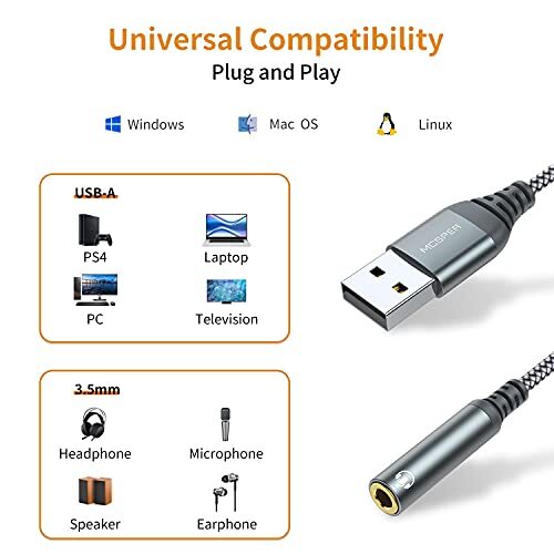 USB to 3.5mm Audio Jack Adapter, External Sound Card Converter 1 Pack - Imagen 4 de 7