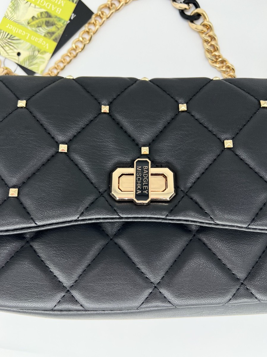 NWT Badgley Mischka Black Studded Quilted Shoulder Bag Top