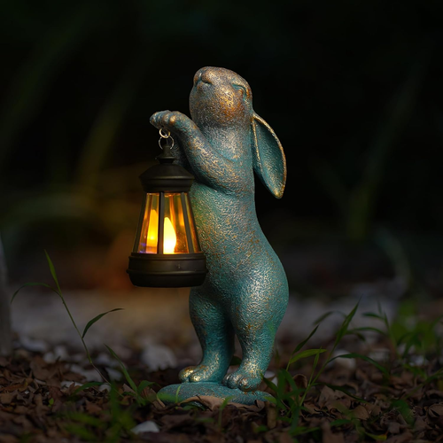 Garden Statues Rabbit with Solar Lantern Outdoor Bunny Figurines Decorations for