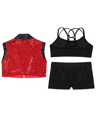 Girls Sets Performance Outfit Sequins Suits Sleeveless Crop Top Vest Shorts - Picture 18 of 71