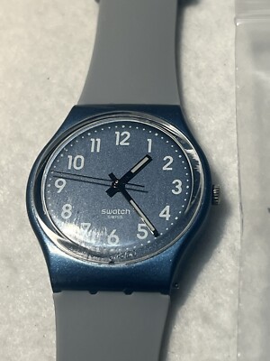 ✨HTF Swatch 2011 GM178 SHINY GLAZE 11 Gents New Battery 34mm Blue