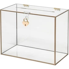 10.5” x 8.5” Clear Acrylic Wedding Card Box with Golden Frame and Heart Lock