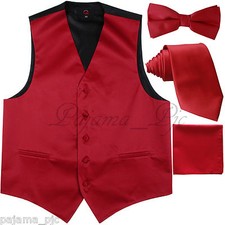 Red Solid Vest Waistcoat and Straight Cut Bow Tie  Neck tie  Hanky Wedding 10F