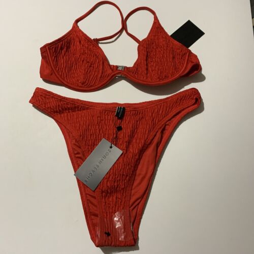 New South Beach Ladies Red Smocked Underwired Bikini Swimwear Set Size 12 - Afbeelding 1 van 2