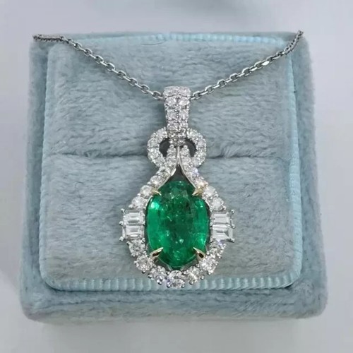2Ct Oval Cut Lab Created Green Emerald Halo Women Pendant 14K White Gold Plated - 第 1/10 張圖片