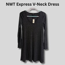 NWT Express Women Long Sleeve V-neck Charcoal Dress Size Medium RTL $49.95
