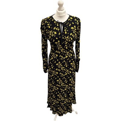 M&S x Ghost Floral Long Sleeve Midi Dress Black Yellow Size 16