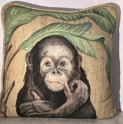 Handpainted Monkey Chimpanzee w/Palm leaves Corded Pillow 16'' x 16'' EUC-849