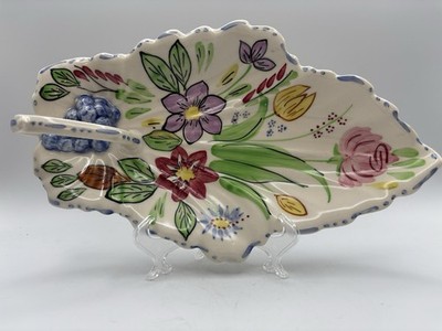 Vtg Blue Ridge China Leaf Celery Dish Floral Pottery Summer Flowers Handpainted