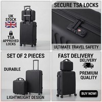 2pcs Suitcase Set ABS Cabin Hard Shell Travel Luggage Trolley 4 Wheels BLACK TSA