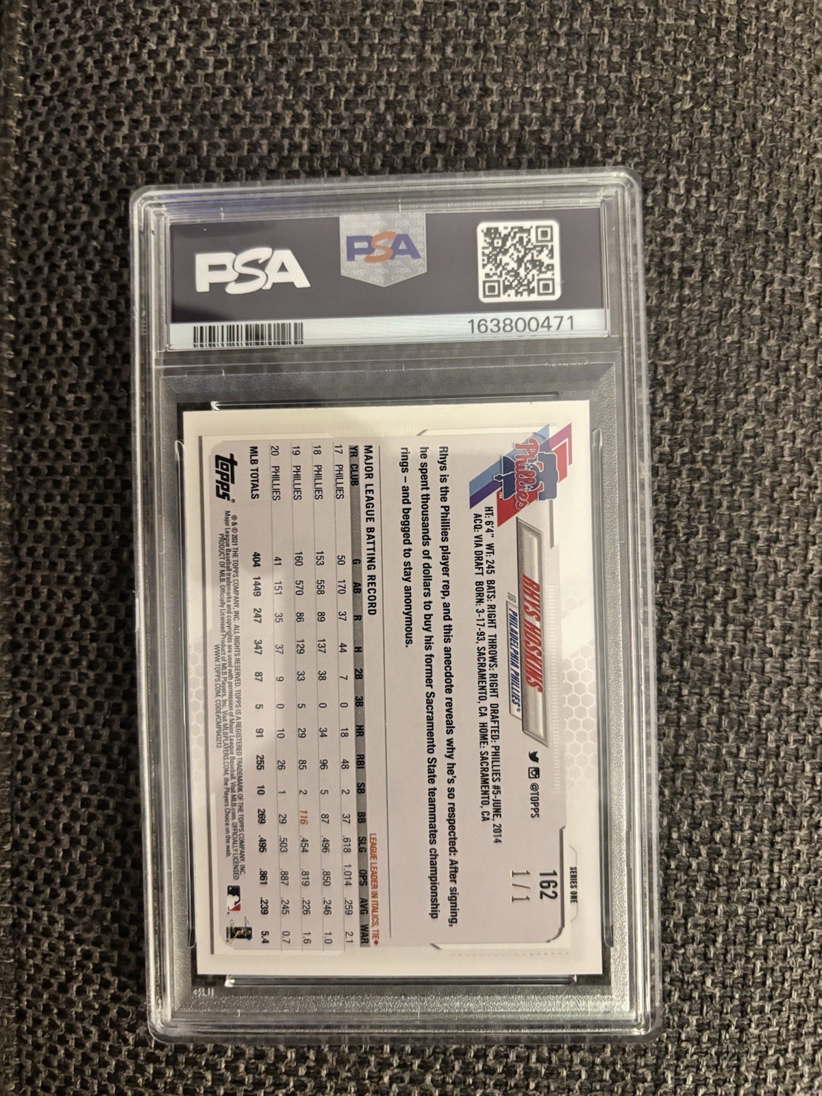 Topps 2021 Topps Rhys Hoskins #162 Philadelphia Phillies PSA 9 Graded 1/1 CARD view 2