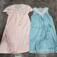  2 Vintage Vanity Fair Nightgown Size Small Blush  Blue Lace Button Silky