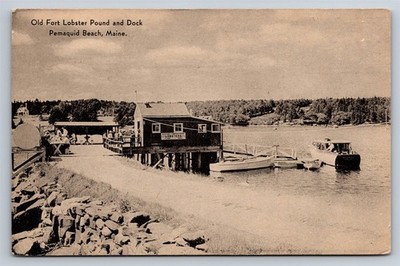 Postcard ME Pemaquid Beach Maine Old Fort Lobster Pound & Dock c1940s AG28
