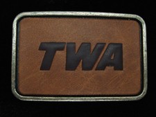 QG29129 VINTAGE 1970s  TWA  AIRLINE COMPANY LEATHER  BRASSTONE BELT BUCKLE