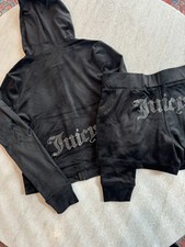 Juicy Couture Womens Size M Black Liquorice Bling Tracksuit Hoodie SHORTS NEW