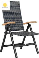 Folding Garden Chair, 5-Level Reclining PE Rattan Garden Dining Chair with Wood