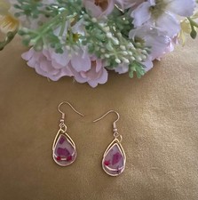 Rose Gold Plated Flower Petal Earrings Drop Dangle Resin Red