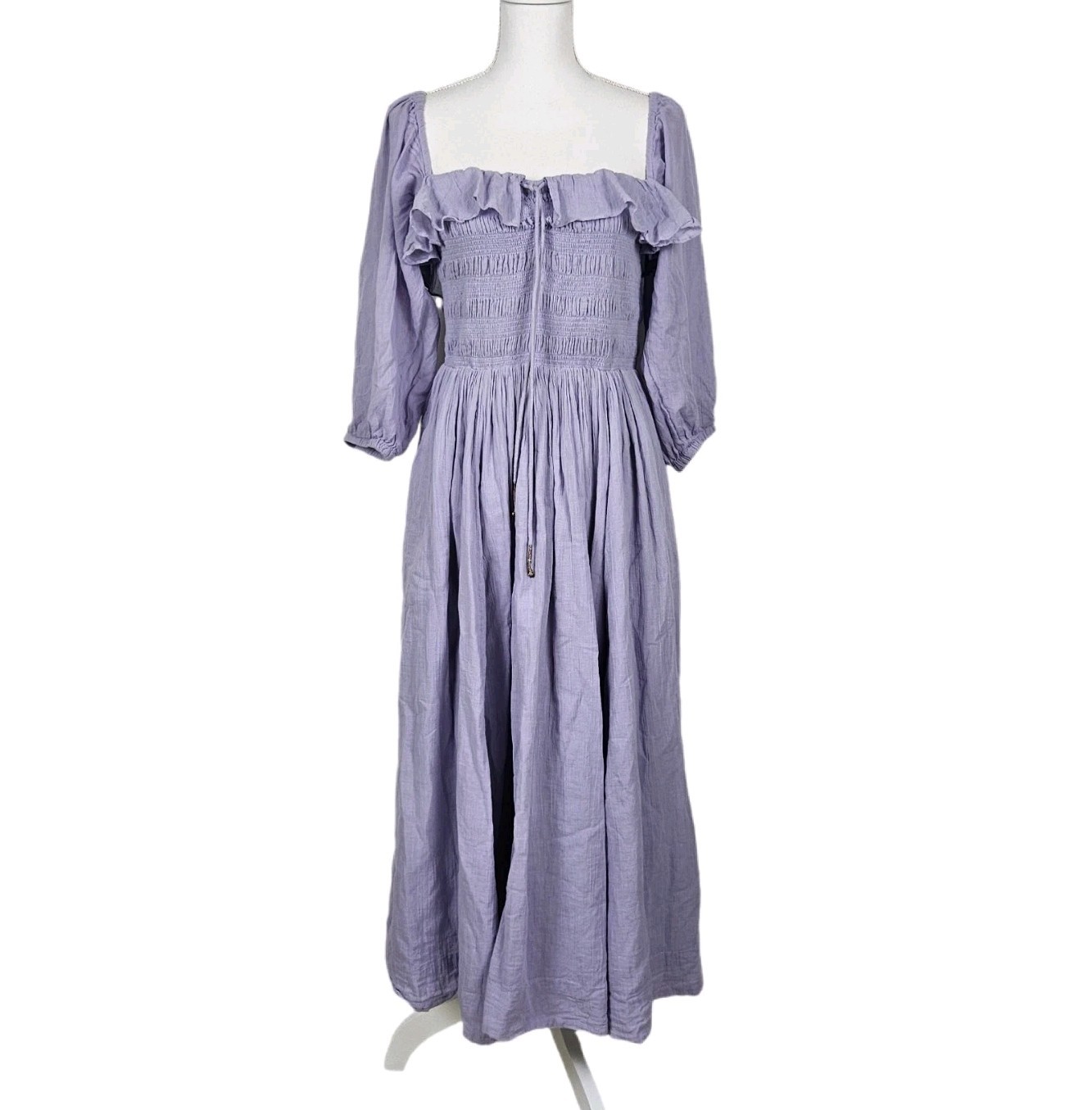 Free People Purple Oasis Smocked Midi Dress Puff Sleeve Square Neck Womens M