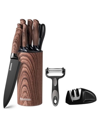 Knife Set,GOODA 9 Piece Kitchen Knife Set with Block and Sharpener, Anti-Rust...