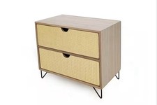 2-Drawer Storage Chest, Rattan Effect Desktop Organizer Box, Wooden