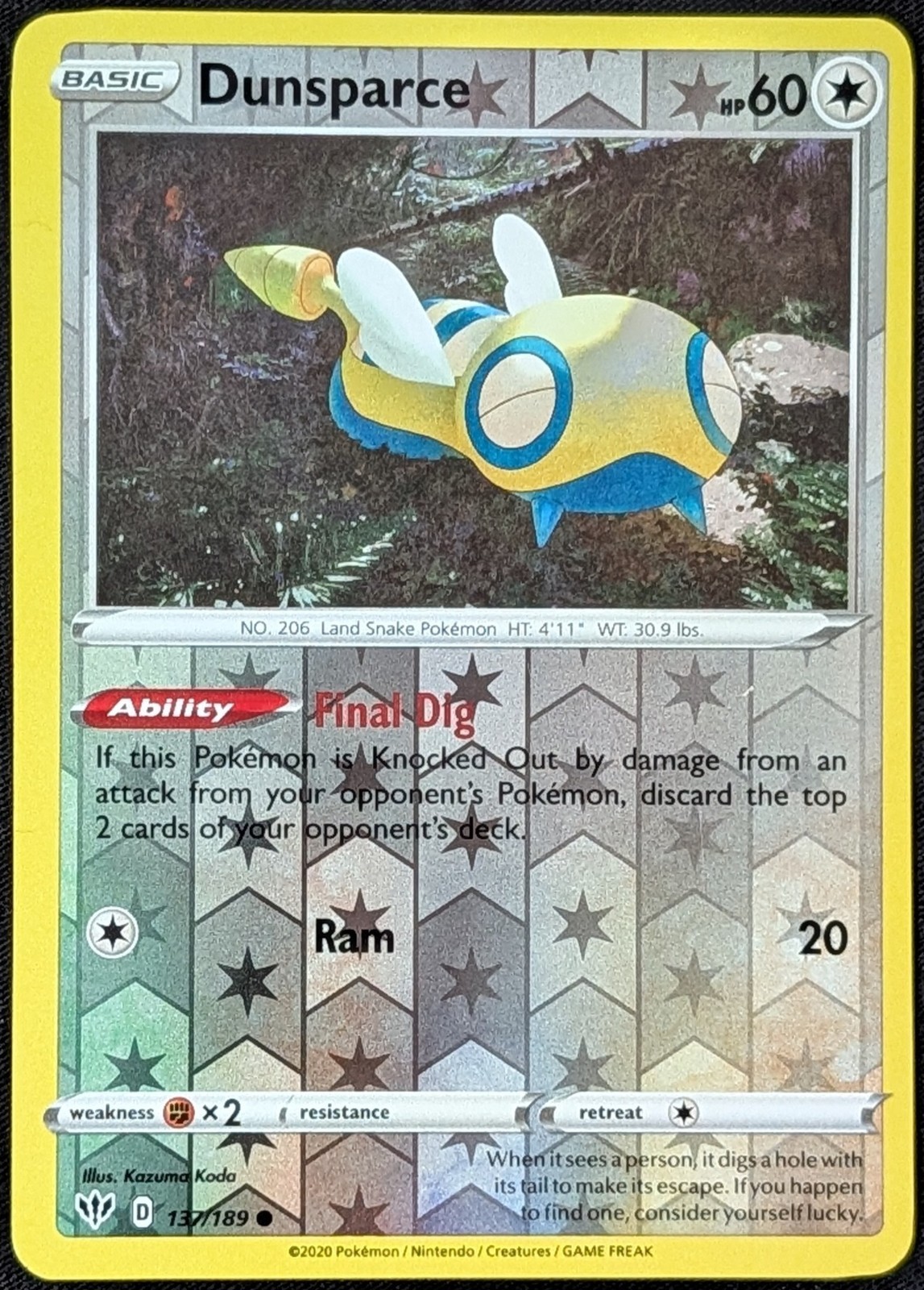 Dunsparce 137/189 Darkness Ablaze Reverse Holo Pokemon Card NM