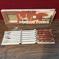 Vtg 1970’s Fondue Fork Set Of 6 Nevco Wood Handle Color Tipped Original Box
