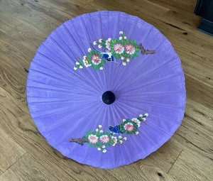 Vintage Chinese Parasol Umbrella Fabric & Bamboo Handmade Painted Purple Floral