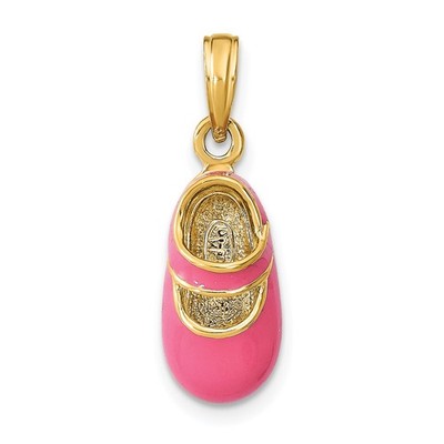14k Gelbgold mit rosa Emaille 3-D Baby Schuh Charm Anhänger L-0,8 Zoll