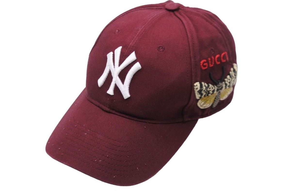 Gucci★素敵!Unisex Burgundy NY Yankee Butterfly Baseball Hat Gucci New York Yankees BaseballCap NY Butterfly Embroidery