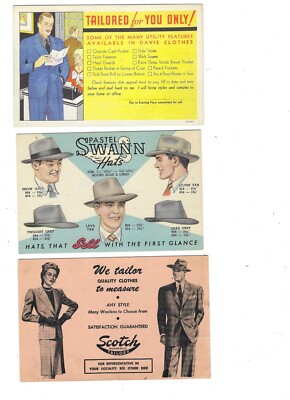 (3) Advertising Postcards- Men's Fashion Davis Clothes Swann Hats Scotch Tailors