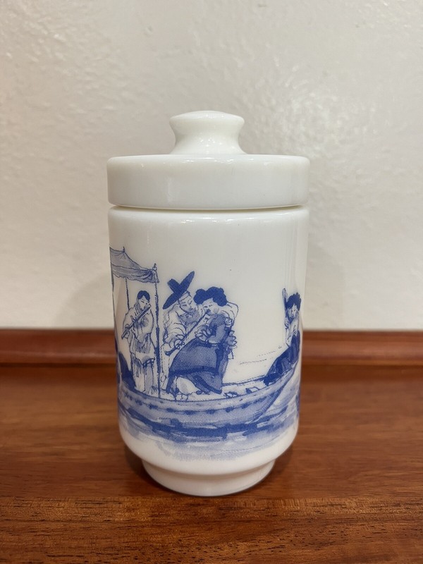 Asian Design Milk Glass Jar Container With Lid Made in Belgium