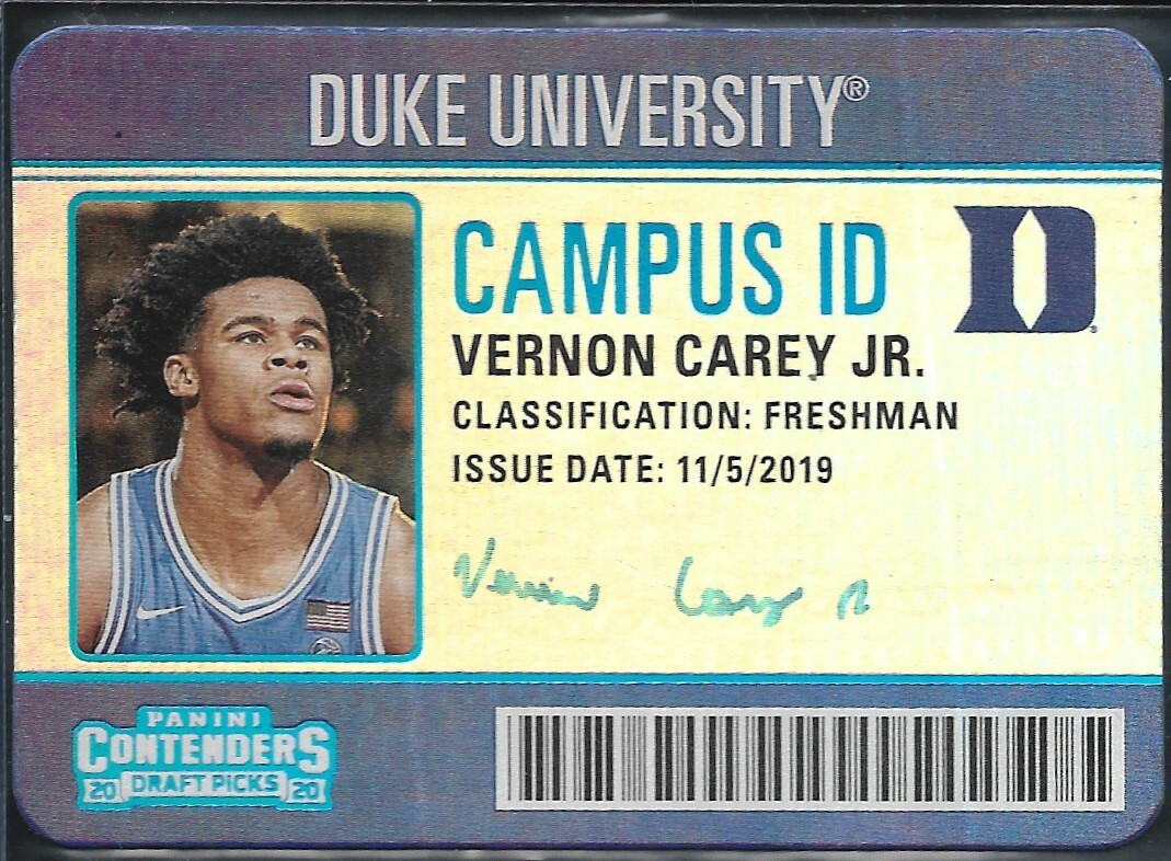 2020/21 Vernon Carey Jr. Panini Contenders Draft Picks Campus ID #10 CH Hornets