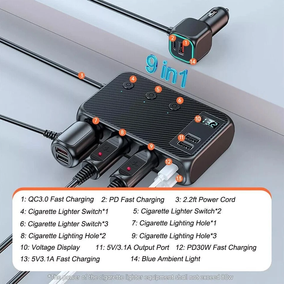 Cargador de coche 9 en 1 encendedor divisor adaptador rápido USB/C enchufe QC PD 30W Foto 2 de 4