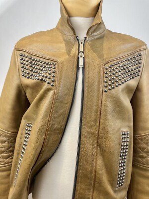 D2 DSQUARED CAMEL TAN LEATHER MOTO JACKET SZ 50 Chest 22