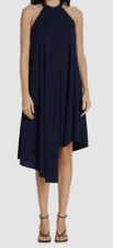 $545 Halston Women's Blue Marie Asymmetric Halter Sleeveless Dress Size 4