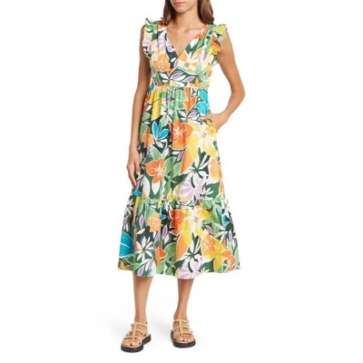 Maggy London Multicolor Floral Sleeveless V-Neck Ruffle Zip Maxi