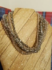 Silver Tone Clear Glitter Sparkle Multi Faceted Bead 6 Strand Necklace Bling