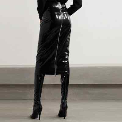 Women High Waist Faux Latex Misi Skirt Shiny Patent Leather Pencil Skirts  PVC
