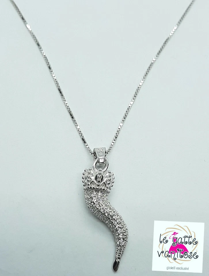 Collana con Corno cornetto Portafortuna in Argento 925 Zirconi bianchi bombato - Immagine 4 di 4