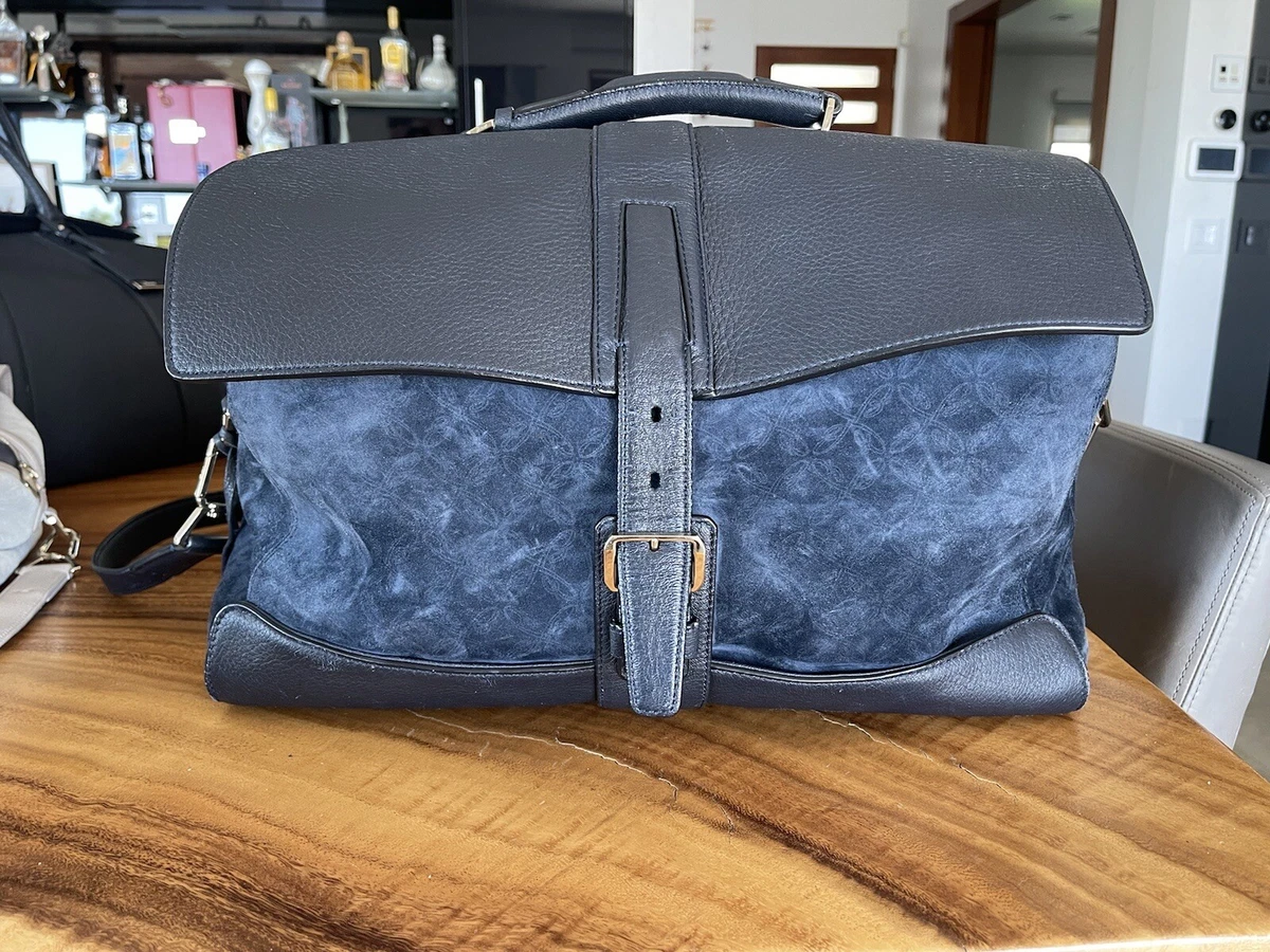 Brioni Leather Suede Flap Top Travel Weekender Carry On Bag Navy