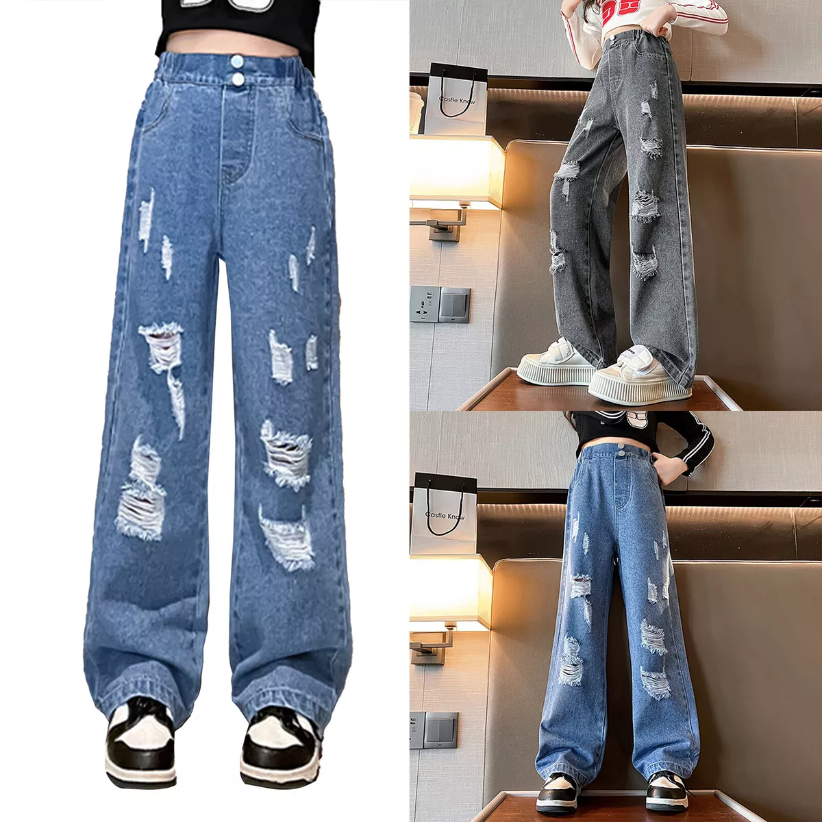 Girls Wide Leg Ripped Jeans Denim Pants Elastic Waist Distressed Baggy  Trousers