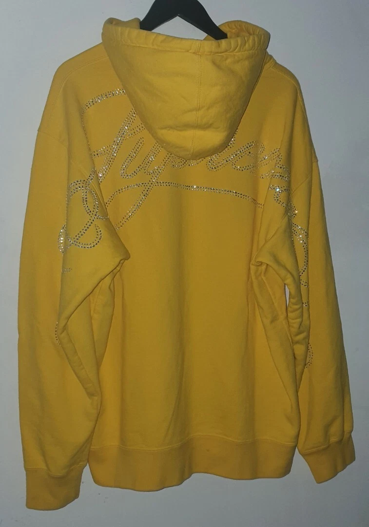 FW19 Supreme Rhinestone Script hooded sweatshirt L Large Yellow